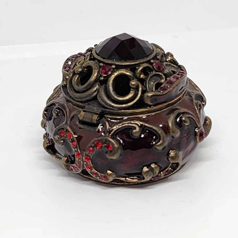 ENAMELED TRINKET BOX JULY BIRTHSTONE Red Faux Garnet Ruby Scroll Copper Toned